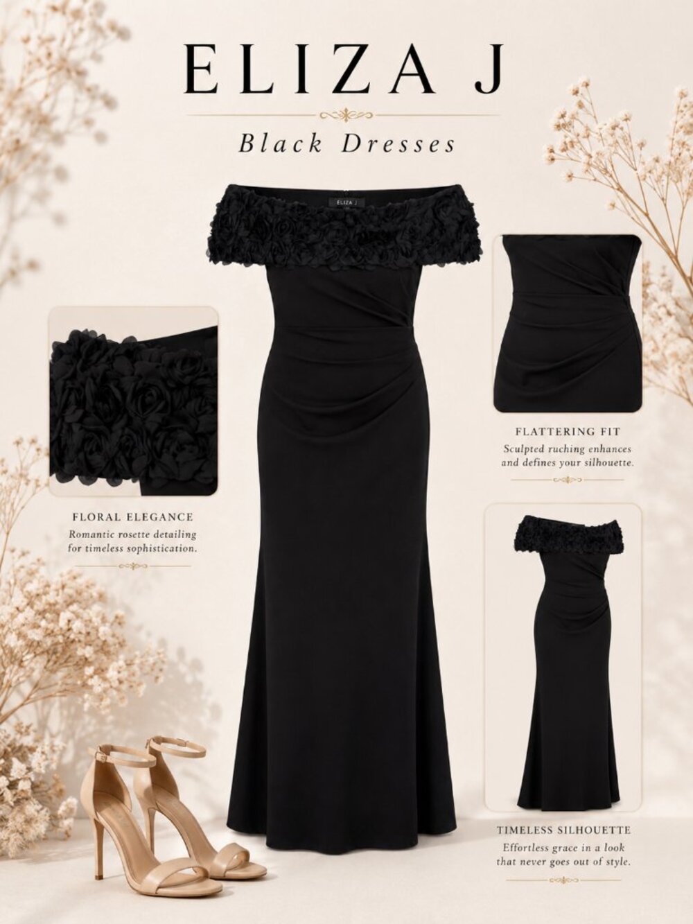 Eliza J Black Rosette Trim Off Shoulder Evening Gown 14W NWT